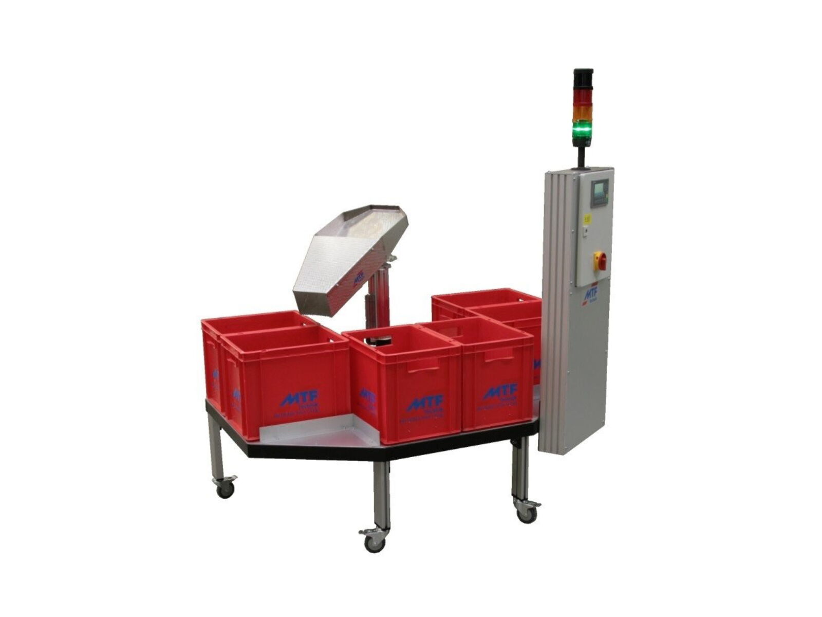 Multi-Rounder rotary distributor in stainless steel with control unit for counting and distribution of punched parts