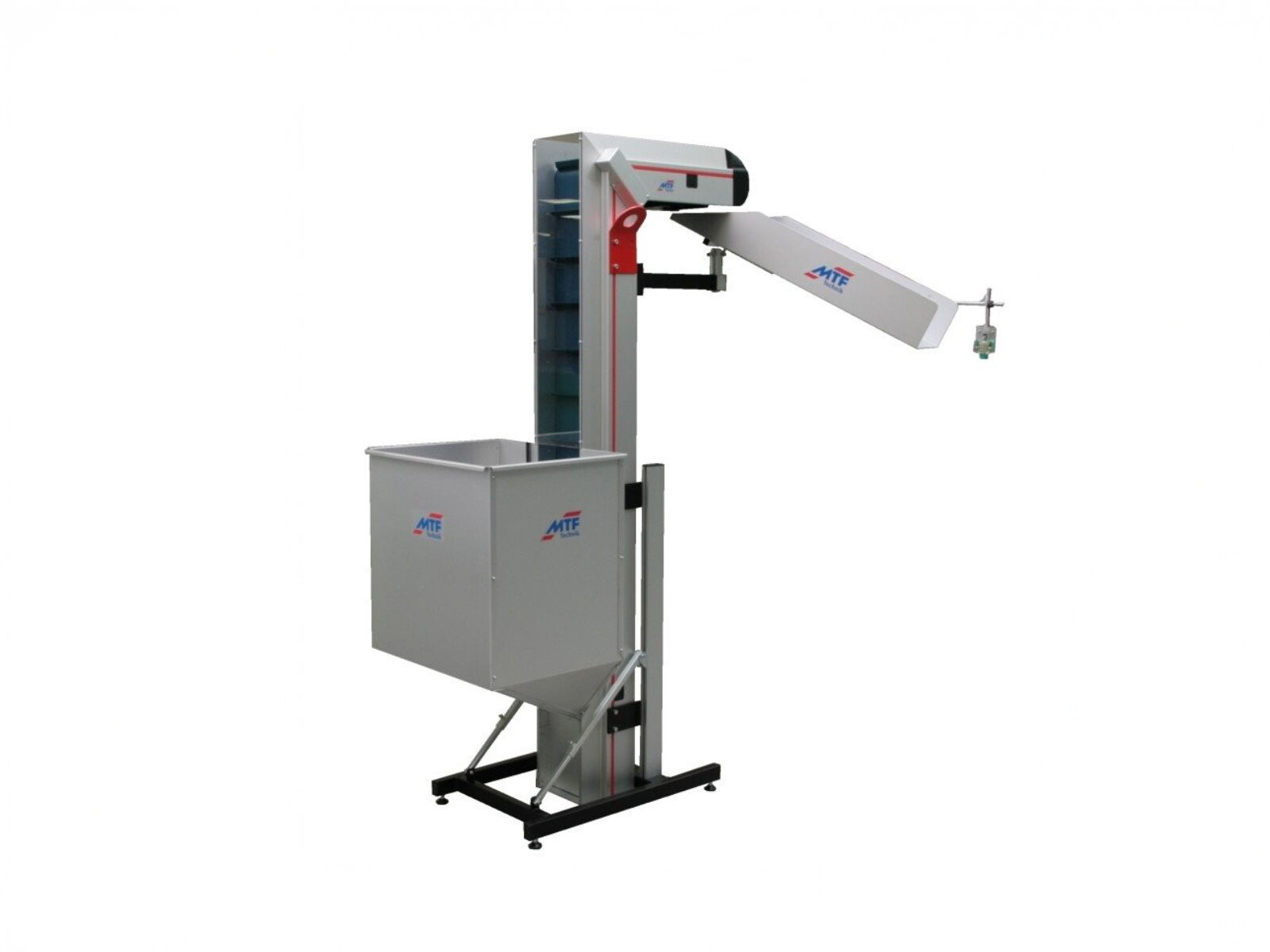 Vertical conveyor with collecting hopper for space-saving conveying of plastic parts between machines