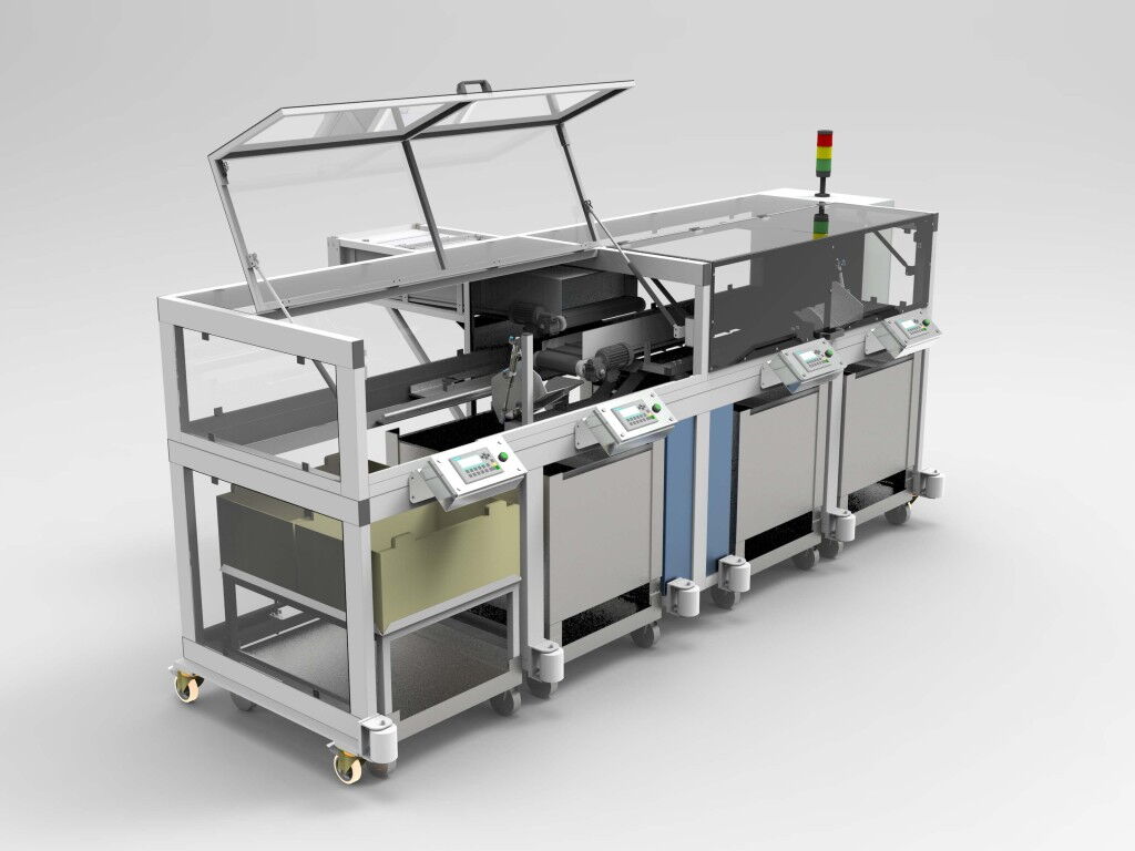 Encapsulated small conveyor with blow-out channel and distribution points for the buffering of metal rings by a conveyor system