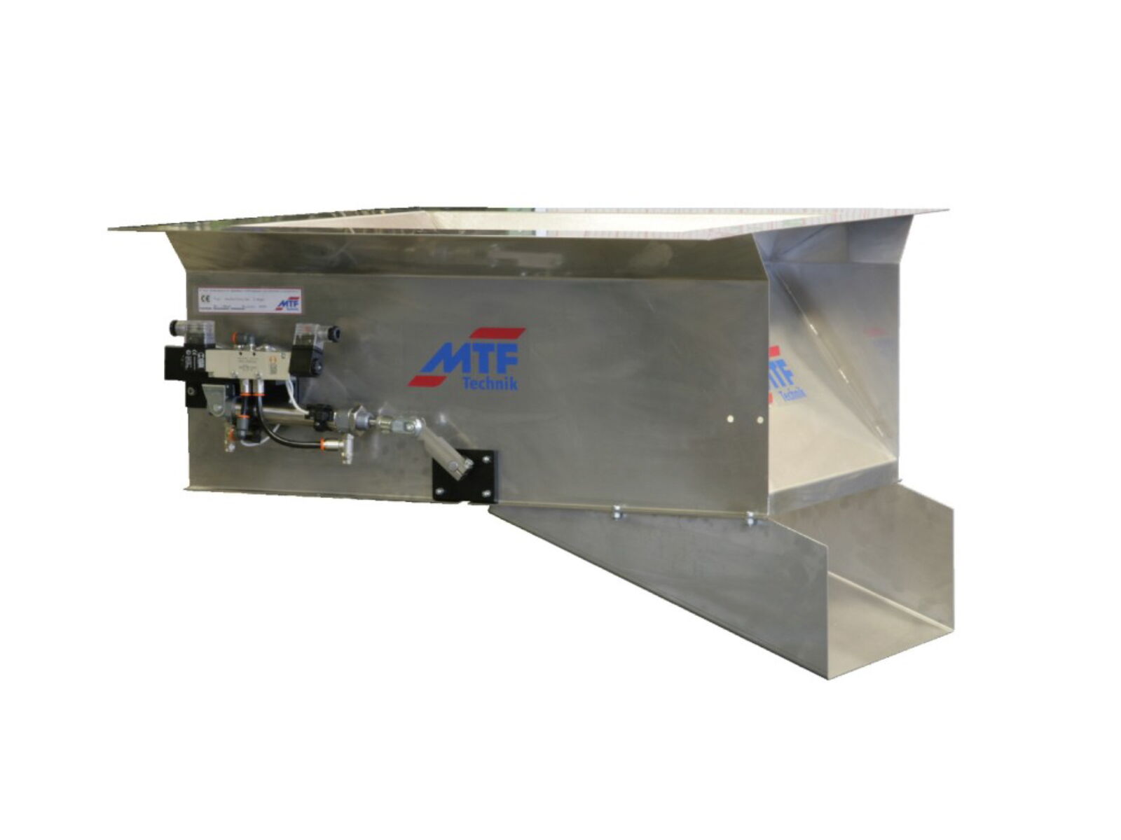 2-way rejection chute mounted in the machine bed for quality control of plastic parts from an injection moulding machine