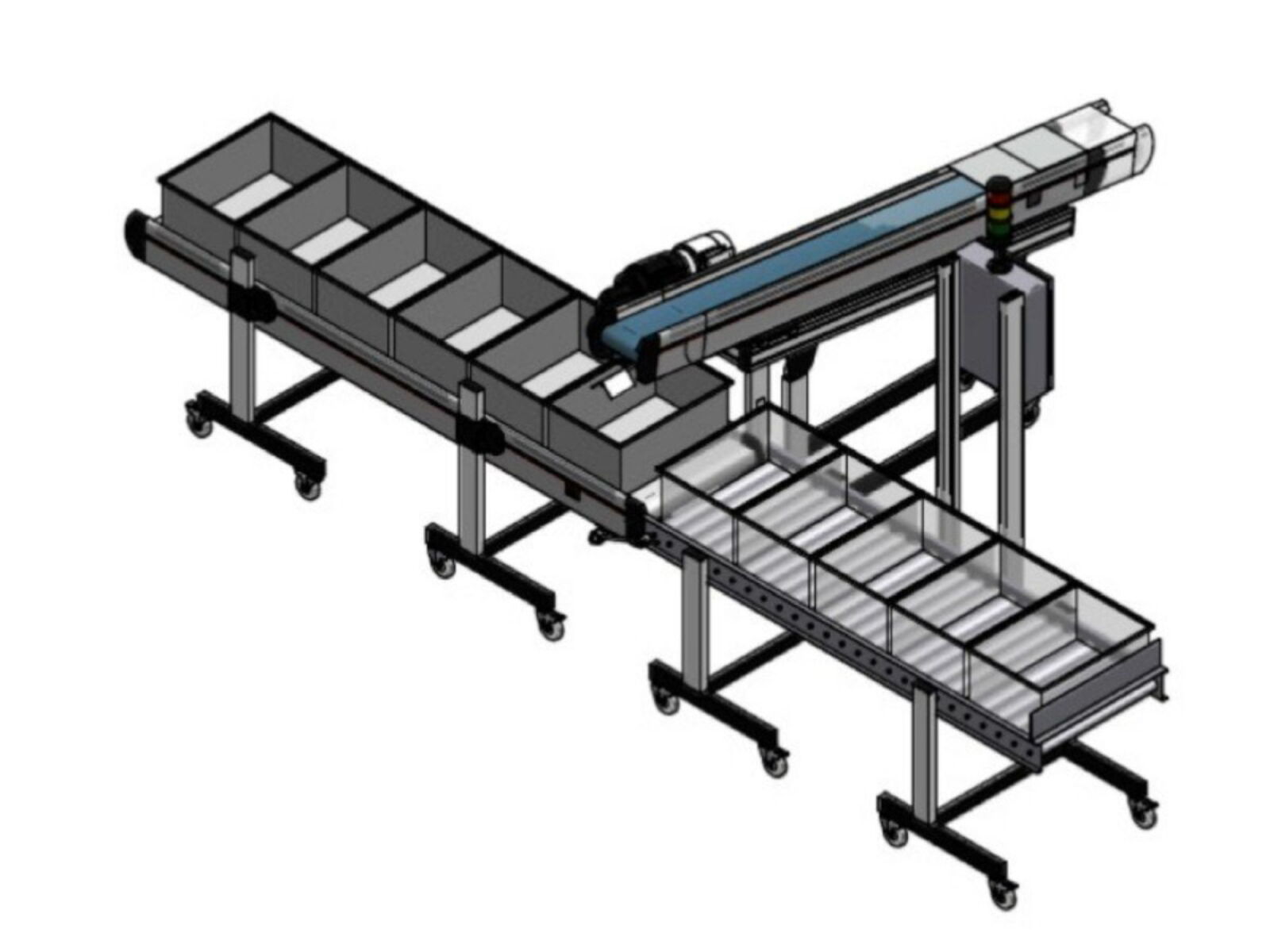 Conveyor system comprising a belt conveyor, a buffer belt and a roller conveyor for an efficient conveying of sheet metal parts into containers
