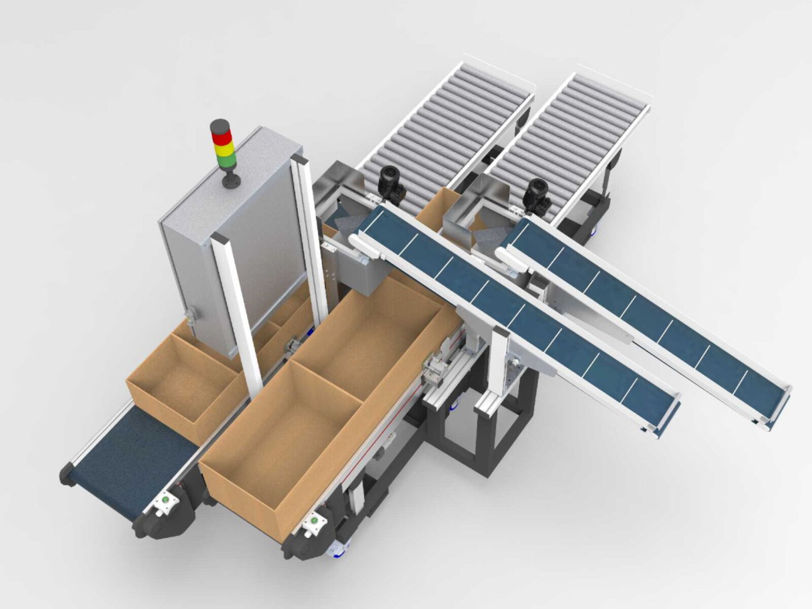 Two parallel small conveyor with light barriers and buffer conveyor belts for parallel buffering of different punched parts