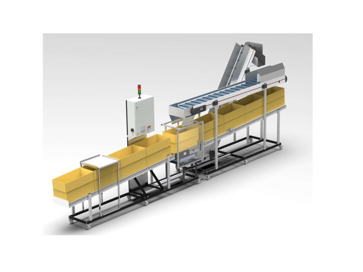 Slim conveyor belt combination with container receptacles, scales and buffer roller conveyor for packaging and weighing