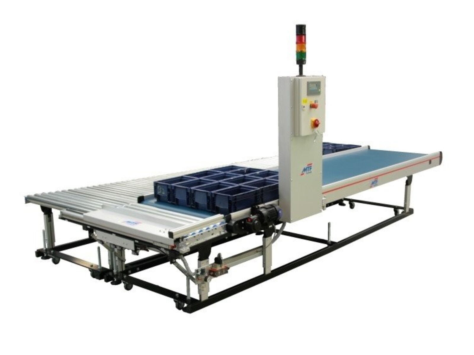 Conveyor belt with pneumatic cross pusher and roller conveyor for filling and transporting containers with metal parts