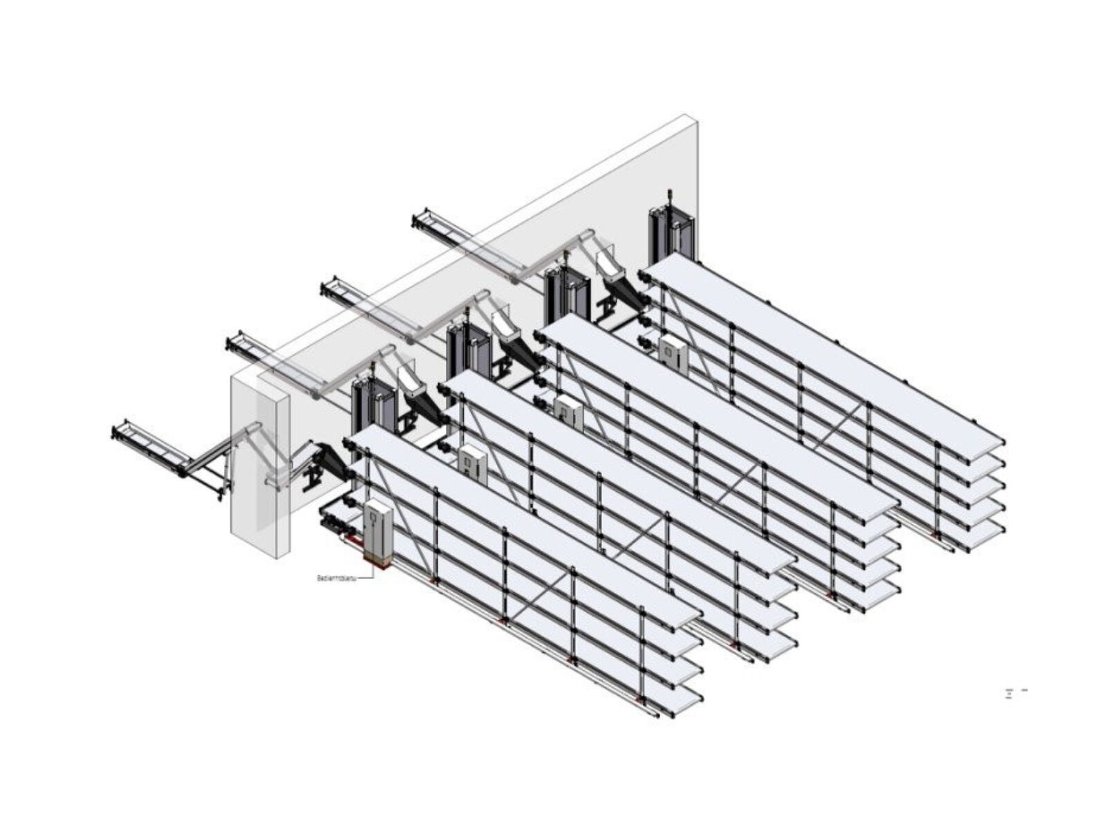Buffer system with Multi-Tech lift and floor conveyor belt for a fully automatic transport and buffering of plastic parts