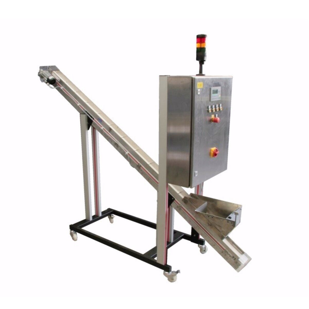 Small conveyor in a special design with a temperature-resistant white cleated belt and a mobile base frame