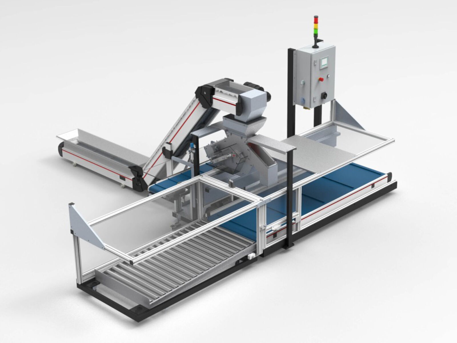 Linear buffer with angled conveyor belt and roller conveyor, incl. 3-way reject chute for QA for dispensing plastic parts into containers