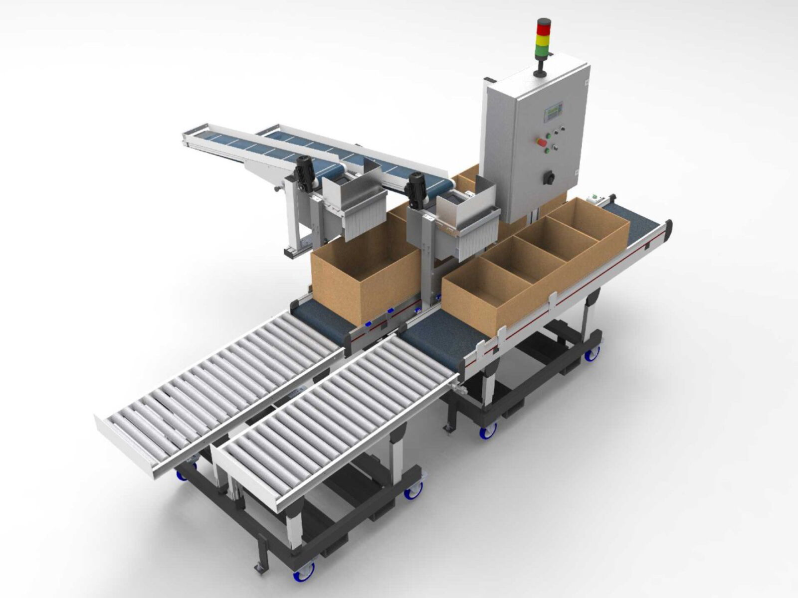 Two parallel small conveyor with light barriers and buffer conveyor belts for parallel buffering of different punched parts